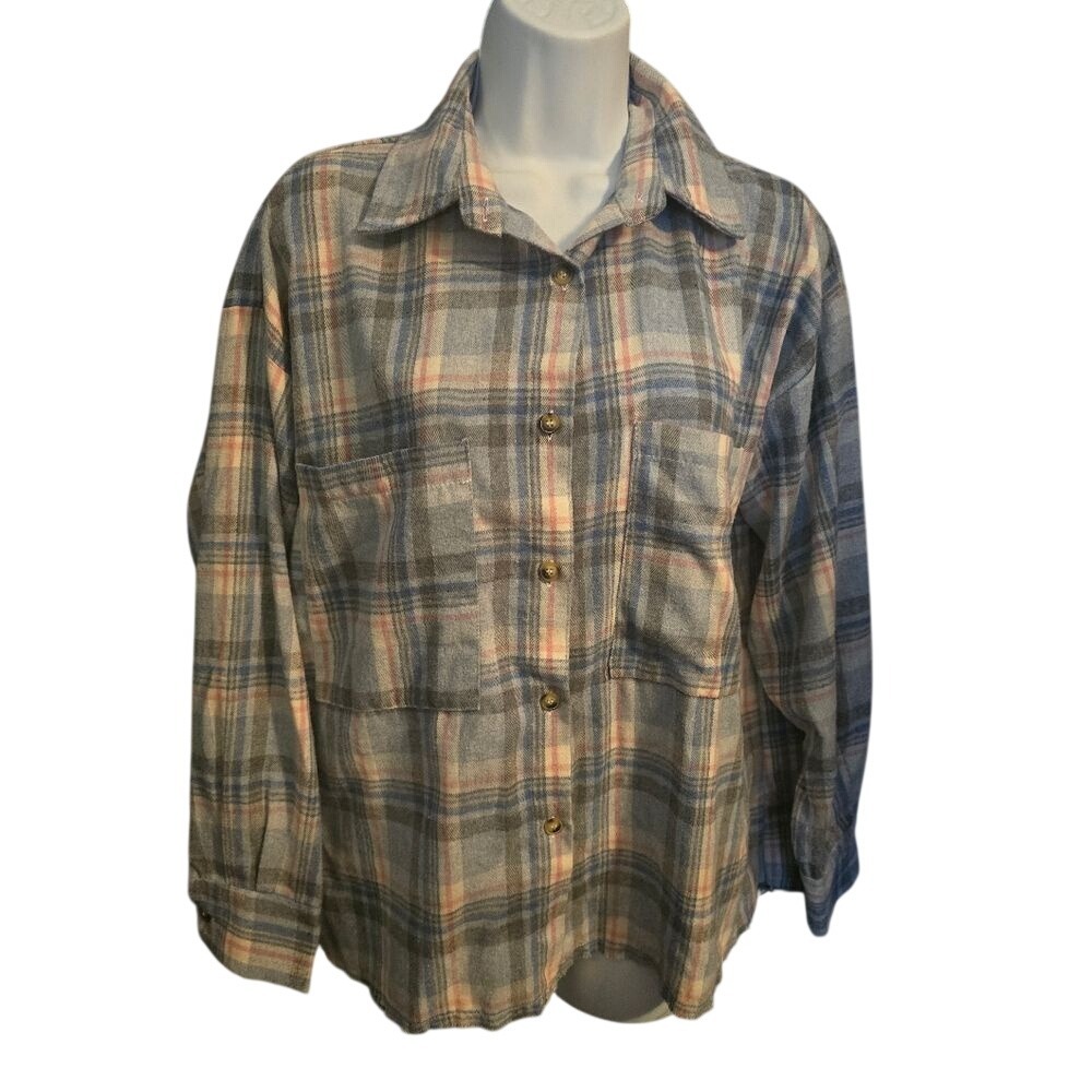 Pink Lily Womens Blue Grey Peach‎ Plaid Button Down Flannel Shirt Small Raw Hem